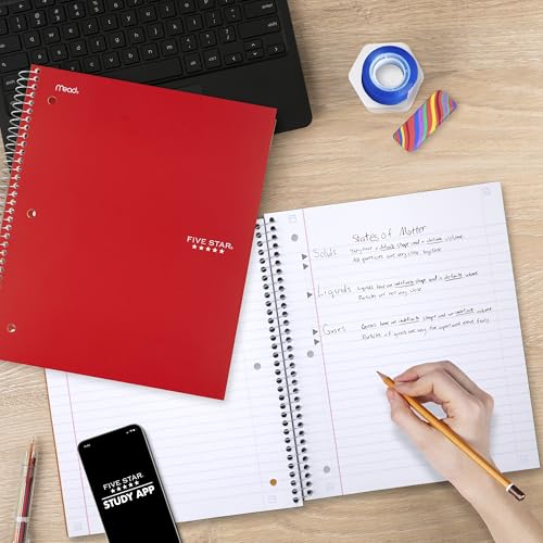 Five Star Spiral Notebook + Study App, 5 Subject, Wide Ruled Paper, 8" x 10-1/2", 200 Sheets, Fights Ink Bleed, Water Resistant Cover, Fire Red (72041) - color: Fire Red, size: 8" x 10.5" (Pack of 1)