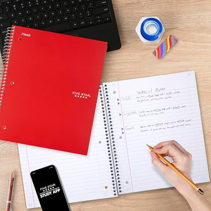 Five Star Spiral Notebook + Study App, 5 Subject, Wide Ruled Paper, 8" x 10-1/2", 200 Sheets, Fights Ink Bleed, Water Resistant Cover, Fire Red (72041) - color: Fire Red, size: 8" x 10.5" (Pack of 1)