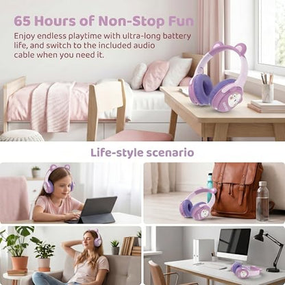 [65H Playtime] Cute Animal Ear Kids Bluetooth Headphones for Girls Women, Wireless Headphones with Microphone, Foldable Over-Ear Headset for School Travel, Purple - color: Purple