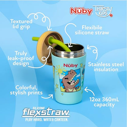 Nuby Thirsty Kids Insulated Toddler Cup with Silicone Flexstraw - 12 oz - Stainless Steel and Leak-Resistant - 18+ Months - Dinosaurs - color: Dinosaurs