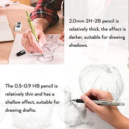 Nicpro Gold Art Mechanical Pencil Set, Metal Drafting Pencil 0.5, 0.7, 0.9mm & 2mm Lead Holder(2B HB 2H) For Sketching Drawing With Lead Refills Case - color: Gold
