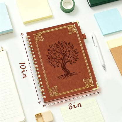 Hardcover Spiral Notebook Journal with Removable Dividers Tabs, 5 Subject Notebooks for Work School, 300 pages 8"x10" B5 leather Journal College Ruled, Cute Journal for Women Men, Brown - color: Brown