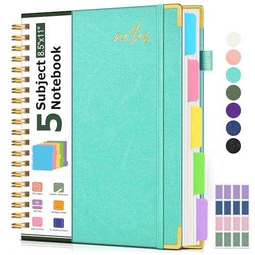 Hardcover Spiral Notebook 8.5"x11" Journal with Removable Dividers Tabs, 300 Pages Organizer Notebooks for Work School, Leather 5 Subject Notebook College Ruled, Large Lined Journal for Women，Aqure - color: Leather-Aqure, size: A4