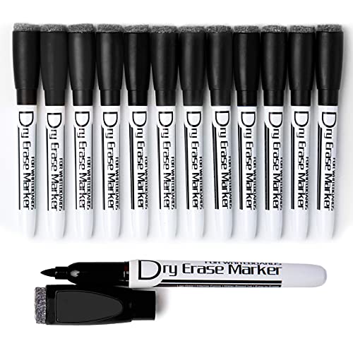 Volcanics Magnetic Dry Erase Markers With Eraser Low Odor Fine Tip Whiteboard Pens Pack of 12, Black - color: Black, size: 1 Count (Pack of 12)