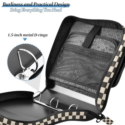 Beige Black Checkered Binder Bag 3 Ring Zipper Binders with Shoulder Strap for School Office Organizer Storage - color: Q001