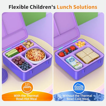 Bento Box for Kids, Lunch Box with Sticker and Leak-Proof Vacuum Food Jar, 4 Compartment BPA-Free Toddler Bento Box for School, Machine-Washable and Removable Compartments for Boy(Purple) - color: Purple