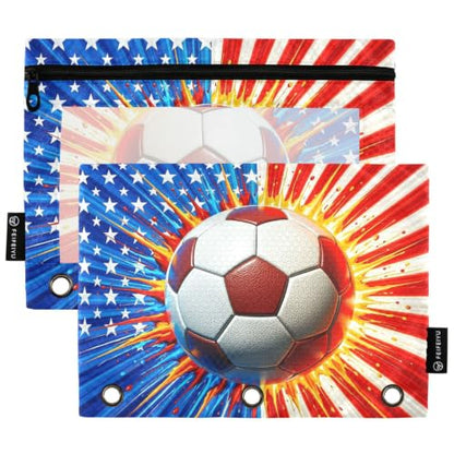 Gredecor 3 Ring Binder Pencil Pouch, American Flag Soccer Ball Zippered Pen Case Pouches with Clear Window, 2 Pack Stylish Office & School Supplie - color: American Flag Soccer Ball