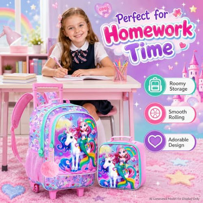 gxtvo Girls Rolling Backpack, Cute Mermaid Roller Wheels Kids Bookbag - Wheeled Elementary School Bag - 3PCS Mermaid - color: Uv Printing Mermaid Unicorn Pink Rolling Backpack