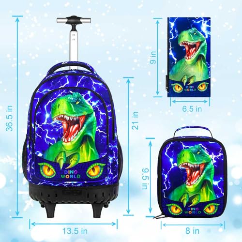 gxtvo 3PCS Kids Rolling Backpack for Boys,Water Resistant Roller Bookbag Set, Cute School Bag with Wheels for Elementary Preschool - Cute Green Dinosaur - color: Lightning Dinosaur Rolling Set
