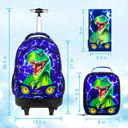gxtvo 3PCS Kids Rolling Backpack for Boys,Water Resistant Roller Bookbag Set, Cute School Bag with Wheels for Elementary Preschool - Cute Green Dinosaur - color: Lightning Dinosaur Rolling Set