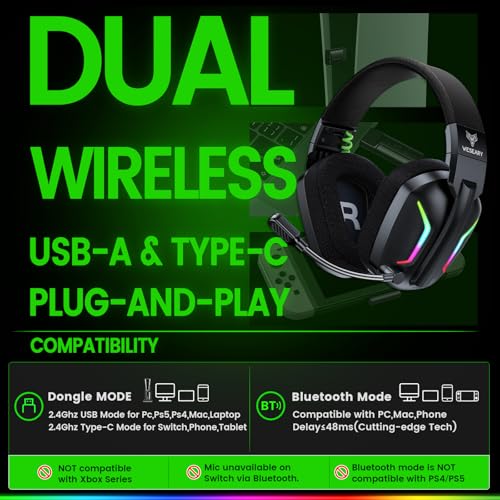 WESEARY Wireless Gaming Headset for PS5, PS4, PC, Switch & Mac, 20ms Ultra-Low Latency, 2.4GHz USB & Bluetooth 5.4 Gaming Headphones with Mic, 50H Battery Life, 3D Spatial Audio, Dynamic Lighting - color: Aurora Black