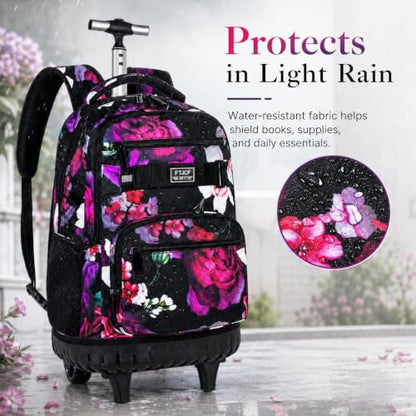 3Pcs Rolling Backpack for Girls Women, Travel Roller Backpacks with Wheels for Adults, Teens College Rose Wheeled Bookbag with Lunch Box(Black) - color: Rose Black