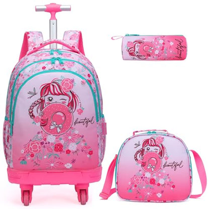 Kids Rolling Backpack for Girls Doughnuts Suitcases Trolley Roller Luggage Backpacks with 360° Rotating Wheels 15" Laptop Lunch Box Pencil Case for Elementary 18" Travel School Bag Pink - color: Pink-tiantianquan-1220