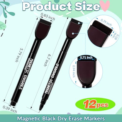 Magnetic Dry Erase Markers, 0.5 mm Ultra Fine Black Whiteboard Markers with Built-in Eraser, Low Odor Thin Marker for White Board Home Office Classroom, 12 Pcs