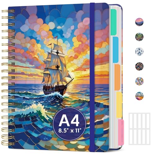 Large Spiral Lined Notebook for Work with Dividers & Tabs, 8.5"x11" Hardcover 5 Subject Notebook, College Ruled, 280 Pages, Stained Ship - color: G - Stained Ship