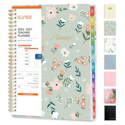 SUNEE Teacher Planner 2026-2027 Academic Year, Lite Lesson Planner Book with 7 Periods Jul 2026 - Jun 2027, 8.5"x11" Daily Weekly and Monthly Organizers, Plan Book with Pocket, Color Tabs, Wildflower - color: Green Wildflower