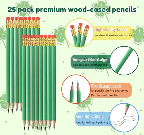 Adhere 25pcs Woodcase Pencils with Eraser Premium Pre-Sharpened Hexagon Graphite 2B pencils ideal for home, office writing including a Free Sharpener (Light green・25pcs) - color: Light Green・25pcs
