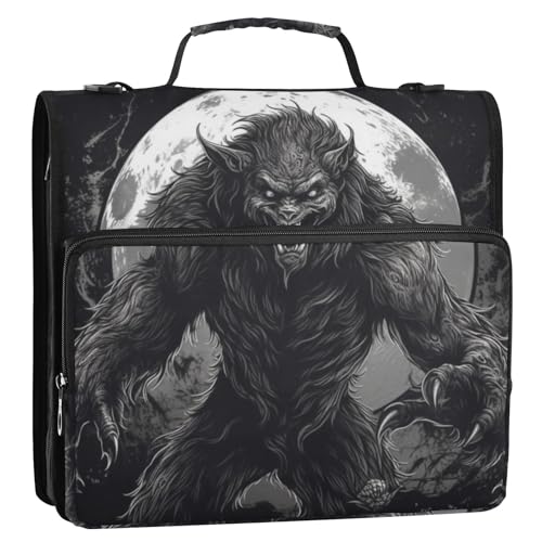 Zipper Binder 3 Ring Werewolf and Moon Print, Big Storage Portable Expanding File Folder Bag Document Organizer for Office Travel with Handle and Strap