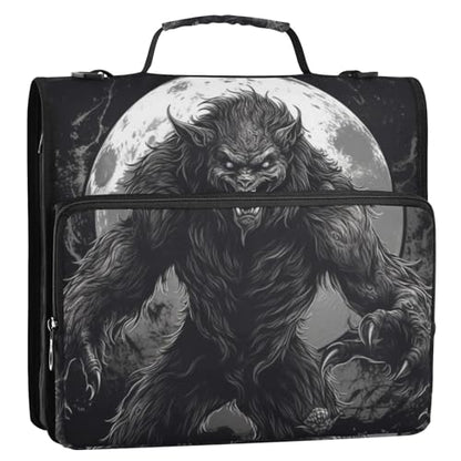 Zipper Binder 3 Ring Werewolf and Moon Print, Big Storage Portable Expanding File Folder Bag Document Organizer for Office Travel with Handle and Strap
