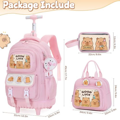 Capybara Rolling Backpack for Girls - 3PCS Girls Backpack Kids Suitcase with Lunch Box & Pencil Case Travel - Capybara Backpack with Wheels for Kindergarten Preschool Elementary (Pink) - color: Pink