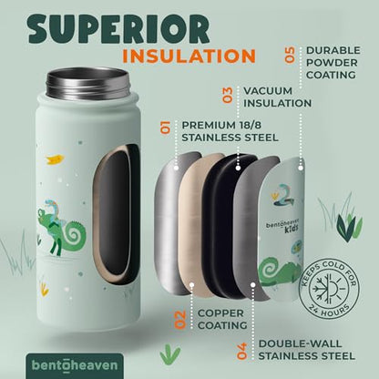 Bentoheaven Kids Water Bottle Stainless Steel for Boys & Girls, Green | Reusable 17 oz insulated metal tumbler with 2 lids (chug and straw), leakproof design, silicone boot for school and sports. - color: Green