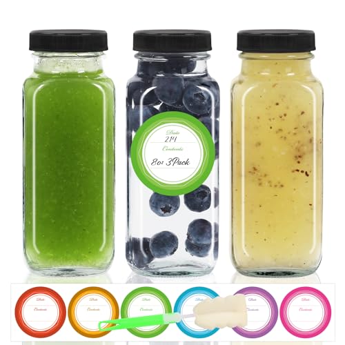 STARSIDE 8oz 3-Pack Glass Juice Bottles with Leak-proof Lids | Square Reusable Drinking Jars for Juicing, Milk, Kombucha - Includes 1 Bottle Brush, 6 Colored Labels - size: 8oz-3pcs