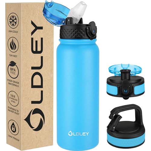Oldley Insulated Water Bottle 20oz Water Bottles with Straw, Stainless Steel Water Bottle with 3 Lids, Double Wall Vacuum Bottles for Adult Kids, Sports Bottles for School Travel,Blue - color: Blue, size: 20 Ounces