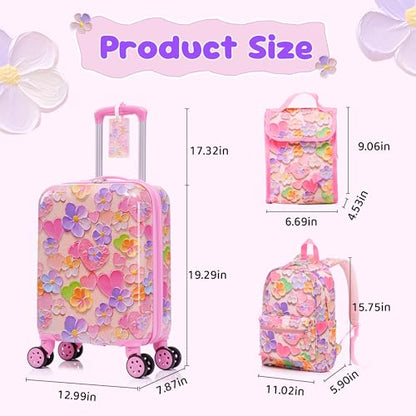 16’’ Kid’s Luggage Set with Spinner Wheels, Hardside with Suitcases,6 Piece | Carry on Luggage, Travel Rolling Luggage Airline Approved Suitcase Set with Spinner Wheels Girls Boys - color: Flower