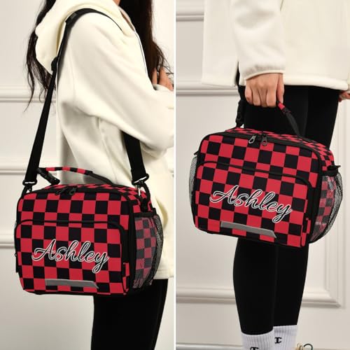 Custom Student Lunch Bag for Boys Girls Red Black Checkered Personalized Lunch Box With Name Insulated Cooler Bag for School Picnic Travel - color: Multi06