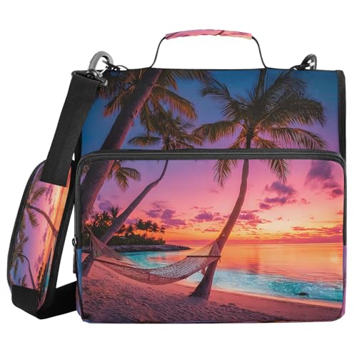 3 Ring Zipper Binder Pink Sunset Ocean Beach Binders Bag with Shoulder Strap 500 Sheets Paper Organizer Trapper Keeper Documents Storage File Folder for School Office - color: A495