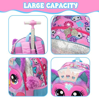 Backpack with Wheels for Girls,Rolling Backpack for Kids 6-8,Lightweight Wheeled School Backpack with Pencil Case,Cute Owl Bookbag for Students - color: Purple Owl