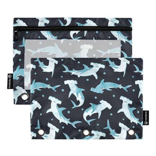 Hammerhead Shark Pencil Pouches Bags for 3 Ring Binder, 2 Pack Zipper Stationery Bag with Clear Window 3 Hole Pencil Case for School Office Home - color: Hammerhead Shark