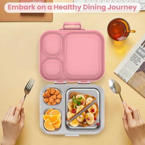 Pawtong Stainless Steel Bento Lunch Box for Kids | 3-Compartment Lunch Box Container Kids | 100% Leakproof, Eco-Friendly, Perfect Portion Control for Kids&Adult Healthy Meals (Pink) - color: Pink
