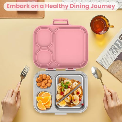 Pawtong Stainless Steel Bento Lunch Box for Kids | 3-Compartment Lunch Box Container Kids | 100% Leakproof, Eco-Friendly, Perfect Portion Control for Kids&Adult Healthy Meals (Pink) - color: Pink
