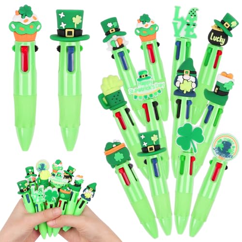 CCINEE 24pcs St Patricks Day Mini Multicolor Pens In One, Green Clover Ballpoint Pens Bulk Cartoon Retractable Party Favor Writing Pen for St Patricks Day School Office Gifts - color: Green