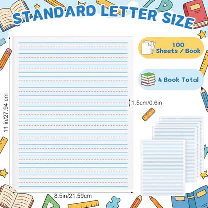 Ireer 400 Sheets Ruled Writing Paper 8.5 x 11 Inch Double Sided Primary Writing Paper Dotted Midline & Highlighted Lines Handwriting Practice Sheets for Kindergarten Grades 1-2 Toddlers Kids