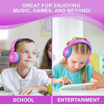Contixo KB-5 Kids Headphones - Over The Ear Foldable Bluetooth Wireless Headphone for Kids - 85dB with Volume Limited - Toddler Headphones for Boys and Girls (Pink + Blue) - color: Pink