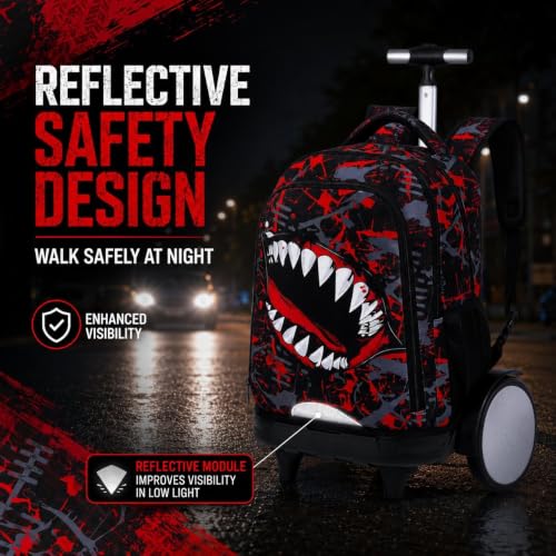 3Pcs Large Rolling Backpack for Boys, 20 Inch Detachable Light Up Wheeled Bookbag with Lunch Box, Durable Graffiti Shark Roller Backpack for Elementary Middle School (Red) - color: Large Wheels Mouth Red
