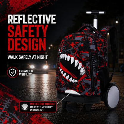 3Pcs Large Rolling Backpack for Boys, 20 Inch Detachable Light Up Wheeled Bookbag with Lunch Box, Durable Graffiti Shark Roller Backpack for Elementary Middle School (Red) - color: Large Wheels Mouth Red