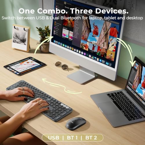 seenda Wireless Bluetooth Keyboard Mouse Combo, COE202 Retro Cute Round Keyboard, Silent Mouse, 3 Multi-Device Connection, Full Size Compatible for PC/Laptop/Mac/MacBook/iPad/Tablet, Black - color: Black
