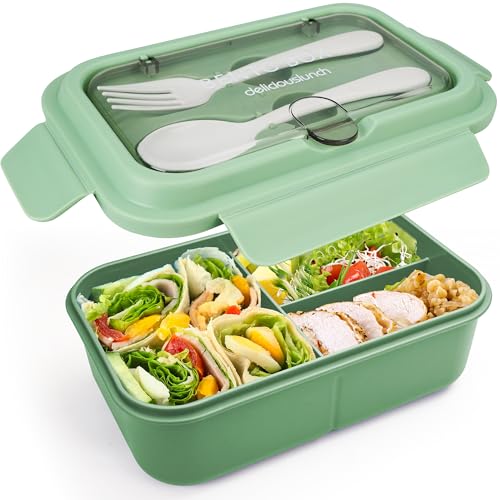 Fanhaw 40 Oz/5 Cup Bento Box for Kids, Men and Women, Lunch Box with 3 Compartments, Utensil, Microwave & Dishwasher Safe (Green) - color: Green
