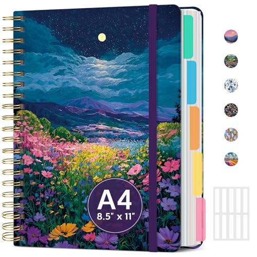Large Spiral Lined Notebook for Work with Dividers & Tabs, 8.5"x11" Hardcover 5 Subject Notebook, College Ruled, 280 Pages, Starlit Valley - color: H - Starlit Valley