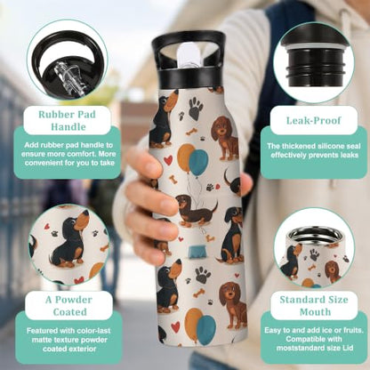 Insulated Water Bottle,Dachshund Dog 20 oz Stainless Steel Water Bottles with Straw Lid,Paw Print Leak Resistant Double Insulated Flask with Handle,Fits Cup Holder,Keeps Drinks Cold - color: Dachshund Dog,Paw Print