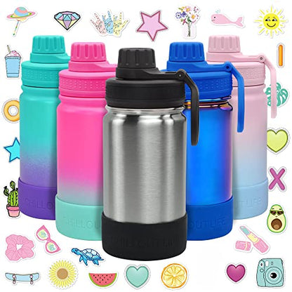 CHILLOUT LIFE 12oz Kids Insulated Stainless Steel Water Bottle with Leak Proof Spout Lid & 144 Stickers - color: Stainless Steel, style: 12 oz
