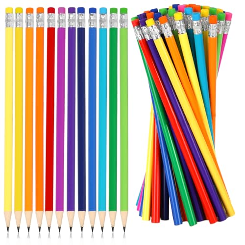 Whaline 48Pcs Colorful Pencils with Erasers Back to School Rainbow Color Wooden Pencil Unsharpened Writing Drawing Pencil for Students Graduation School Office Stationery Gift - color: Rainbow Color