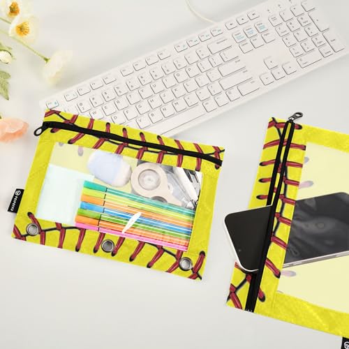 Fisym Softball Baseball Yellow Pencil Pouch for 3 Ring Binder Pencil Case Pencil Bag Zipper Pouch with Clear Window for Office 2 Pack