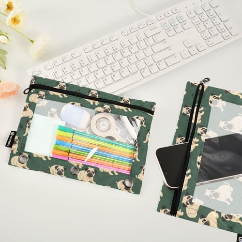 Binder Pencil Pouches Comic Pug Dogs Pen Case | Clear Window 3 Rings, Cosmetic Bags School Office Supplies Cosmetic Makeup Bag 2 Psc - color: Multicolored-5