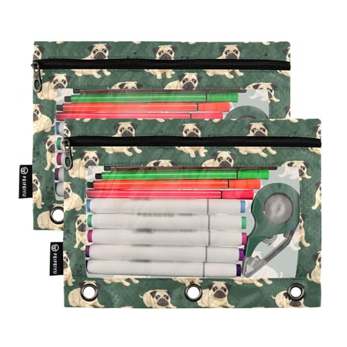 Binder Pencil Pouches Comic Pug Dogs Pen Case | Clear Window 3 Rings, Cosmetic Bags School Office Supplies Cosmetic Makeup Bag 2 Psc - color: Multicolored-5