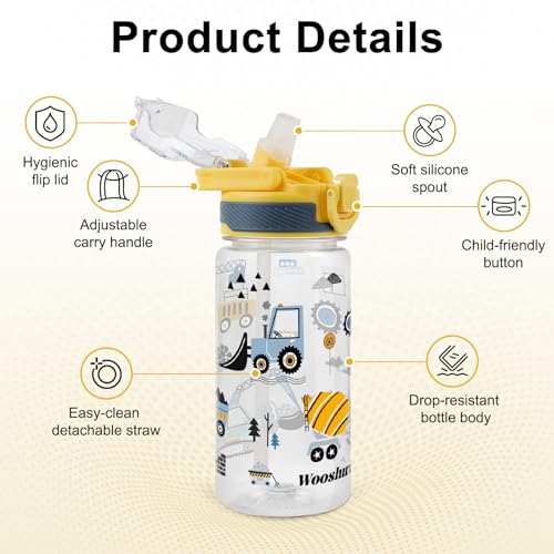 Kids Water Bottle for School, 16 Oz Plastic Water Bottle, 2 Pack | Silicone Spout, Pop-Up Cover, BPA Free & Dishwasher Safe, Excavator & Dinosaur