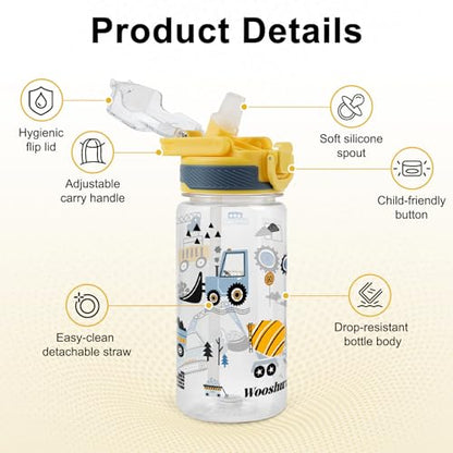 Kids Water Bottle for School, 16 Oz Plastic Water Bottle, 2 Pack | Silicone Spout, Pop-Up Cover, BPA Free & Dishwasher Safe, Excavator & Dinosaur